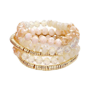 Netral 5PCs Faceted & Heishi Beaded Multi Layered Stretch Bracelet, is crafted with a combination of faceted and heishi beads for a unique look. The stretchable design fits most wrists, making it perfect for special occasion. The multi-layered design adds a stunning look that will be sure to turn heads.