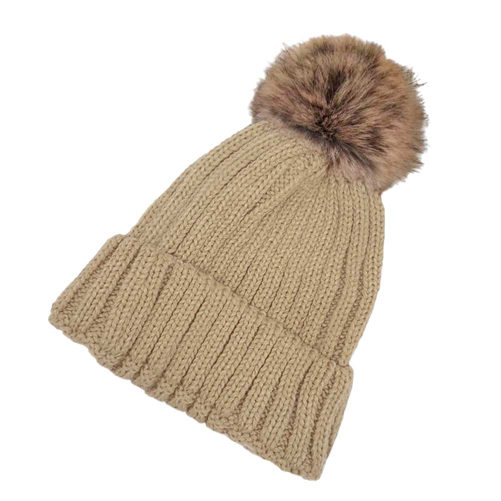 Neutral Solid Knit Faux Fur Pom Pom Beanie Hat, stay warm during the chilly months with this cozy pom pom beanie hat. This is the perfect hat for any stylish outfit or winter dress. Perfect gift item for Birthdays, Christmas, Stocking stuffers, Secret Santa, holidays, anniversaries, Valentine's Day, etc.