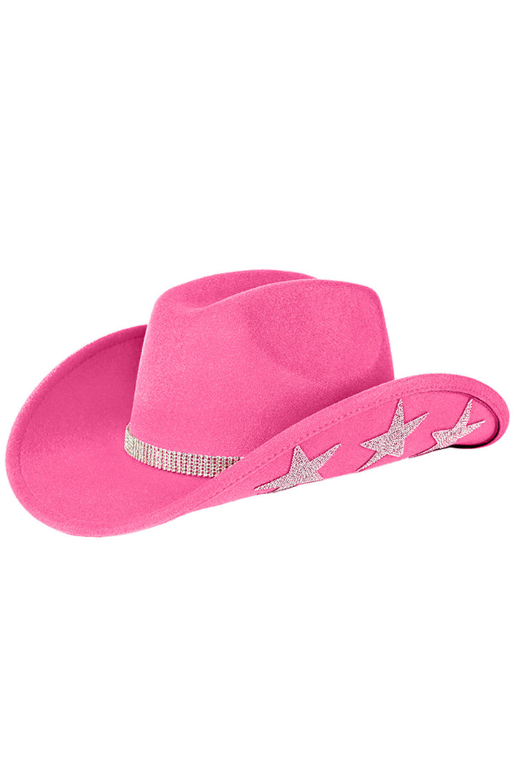 New Candy Pink C.C American Flag Theme Star Stone Vegan Felt Cowboy Hat is expertly crafted with vegan felt materials and adorned with an American flag themed star stone. The result is a stylish and eco-friendly cowboy hat that allows you to proudly express your patriotism. Designed for comfort and durability.