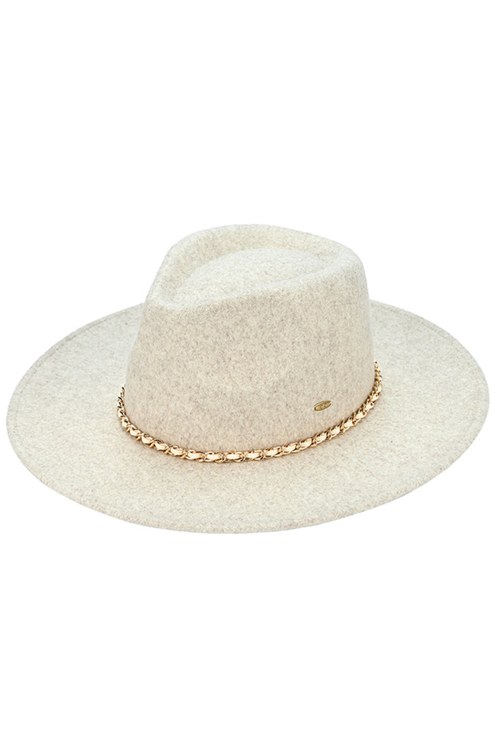 Oatmeal C.C Chain Trim Band Vegan Felt Panama Hat is a stylish and sustainable accessory. Made with vegan felt, it features a trendy chain trim band for added flair. Protect your skin from the sun while making a fashion statement.