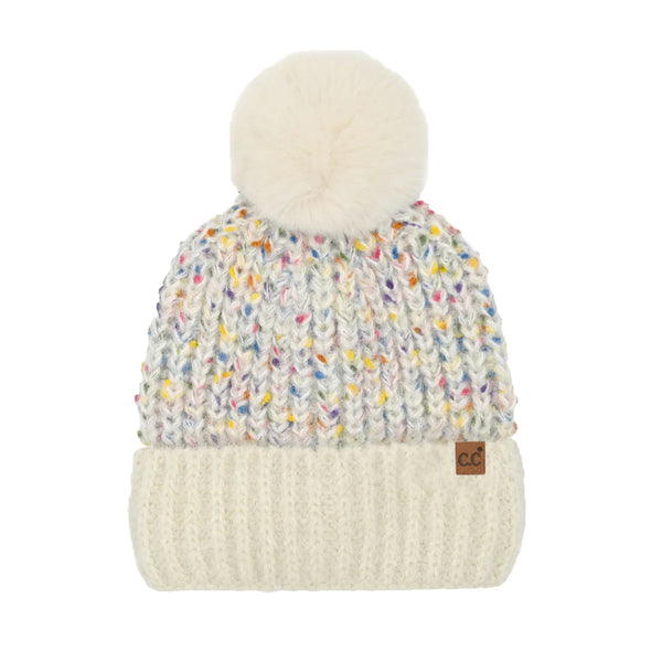 OatmealConfetti Pom C.C Beanie blends cozy warmth with playful style. Crafted for comfort, its soft knit fabric ensures a snug fit that keeps you warm on chilly days. The colorful confetti speckles add a vibrant touch, while the fluffy pom-pom on top offers a classic, stylish finish. Perfect for everyday wear or outdoor activities, this beanie combines functionality with a trendy edge, making it a versatile accessory for any cold-weather wardrobe. 
