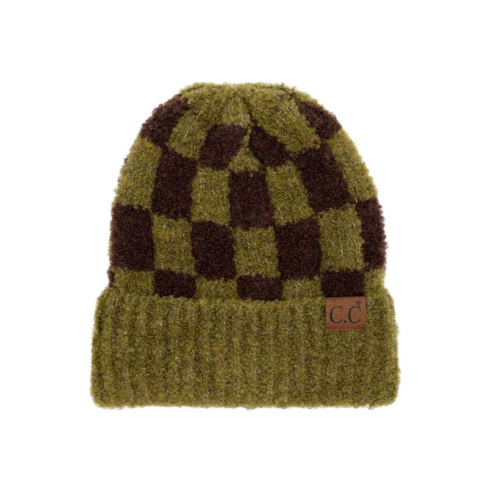 Olive C.C Checkered Pattern Boucle Cuff Beanie, stay warm and fashionable with this stylish beanie. The soft boucle accent adds a delightful touch of fun to any outfit. Awesome winter gift accessory for birthdays, Christmas, holidays, anniversaries, or Valentine's Day to your friends, family, and loved ones.