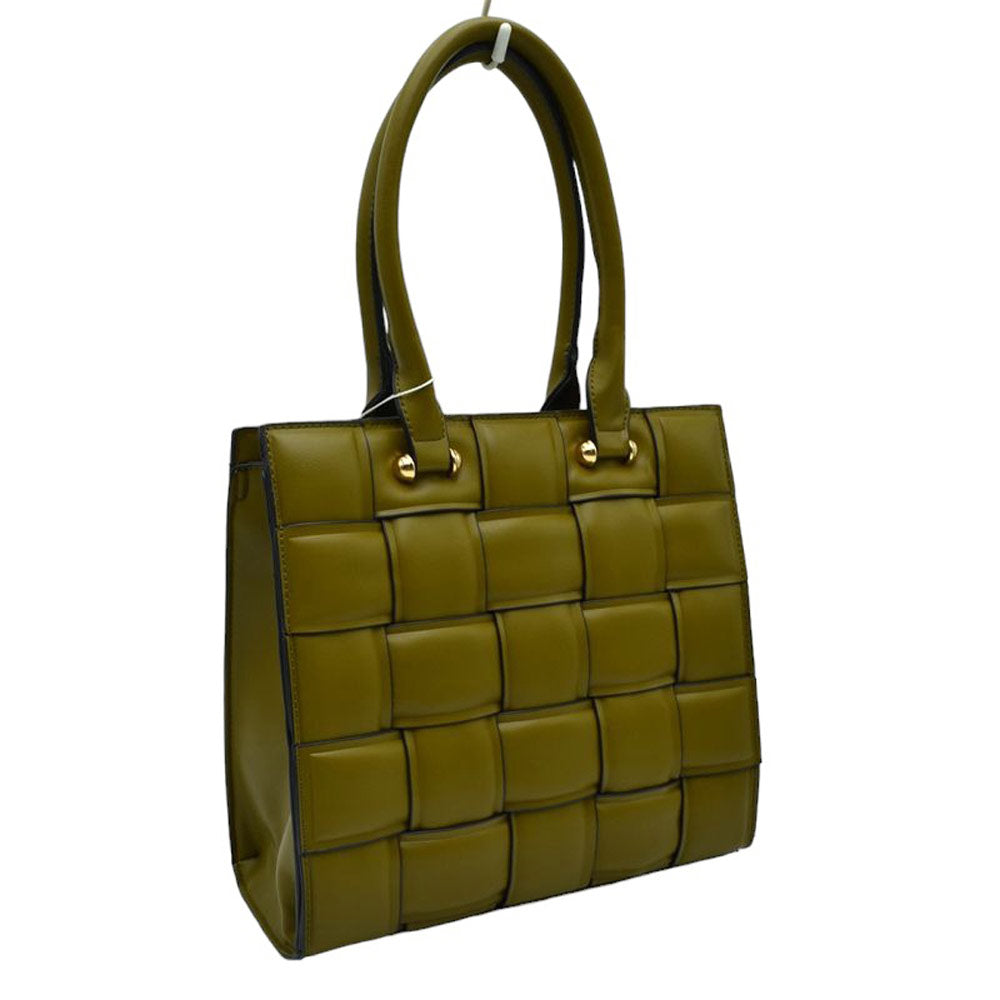 Olive Faux Leather Top Handle Cassette Tote Bag, is the perfect accessory for any occasion. Crafted with durable faux leather material, it is strong and reliable. It features a top handle for easy carrying and a cassette shape to aid in keeping the bag lightweight and stylish. Perfect for everyday use or as a lovely gift.