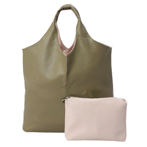 Olive Green 2PCS Reversible Metallic Tote and Pouch Bags, offers an all-around stylish and practical way to carry your essentials. Each piece features a zipper closure for secure storage and easy access. The versatile design means you can reverse the bag and create a whole new look! Ideal for everyday use and as a functional gift.