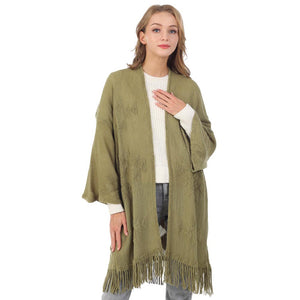 Olive Green Aztec Patterned Fringe Poncho, with the latest trend in ladies' outfit cover-up! the high-quality knit fringe poncho is soft, comfortable, and warm but lightweight. This tassel poncho is perfect for your daily, casual, evening, vacation, and other special events outfits. A fantastic gift for your friends or family.
