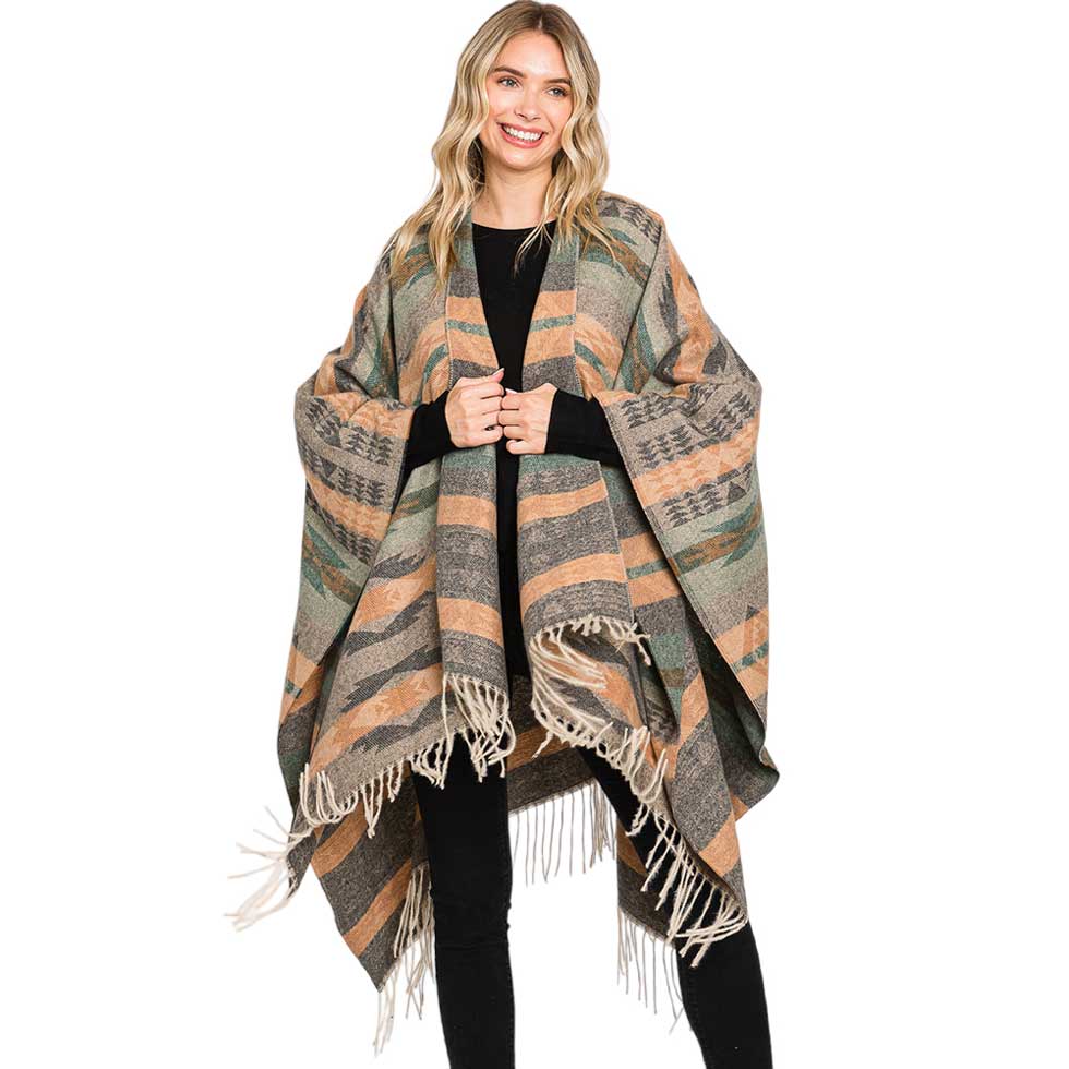 Olive Green Aztec Patterned Fringe Ruana Poncho, with the latest trend in ladies' outfit cover-up! the high-quality knit poncho is soft, comfortable, and warm but lightweight. It's perfect for your daily, casual, party, evening, vacation, and other special events outfits. A fantastic gift for your friends or family.