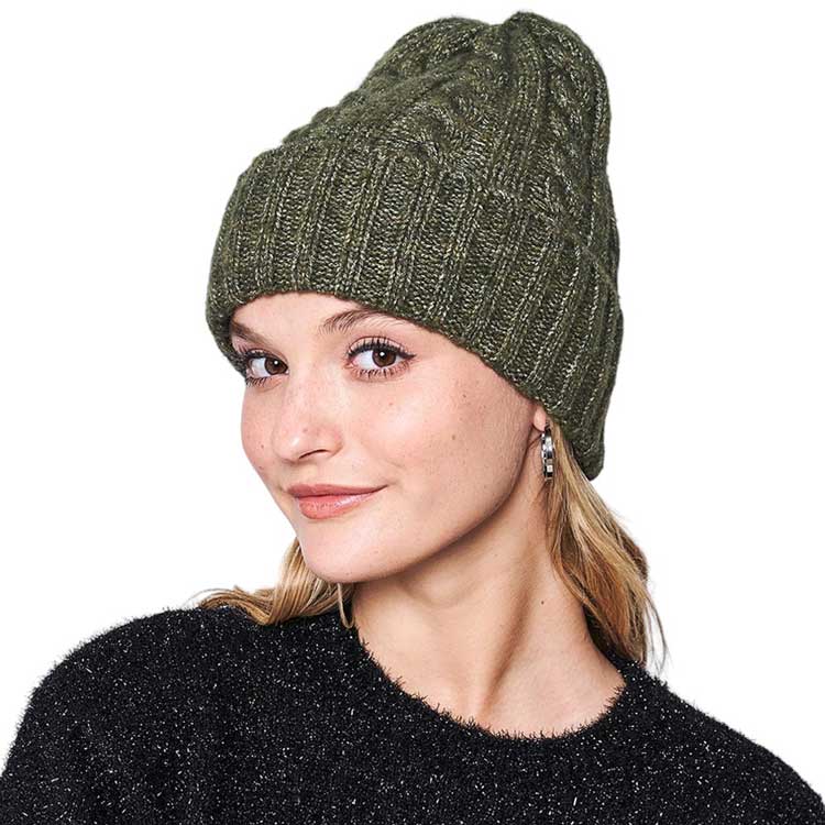 Olive Green Solid Cable Knit Beanie Hat, Stay warm in style. Crafted with a soft, 100% acrylic fabric, this hat is perfect for cold weather days. The knit design ensures maximum comfort and breathability, while providing great protection from the cold. Enjoy this stylish and functional winter accessory. Ideal winter gift idea.