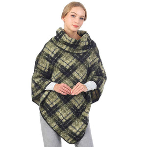 Olive Green Check Patterned Neck Poncho, with the latest trend in ladies' outfit cover-up! the high-quality knit poncho is soft, comfortable, and warm but lightweight It's perfect for your daily, casual, party, evening, vacation, and other special events outfits. A fantastic gift for your friends or family.