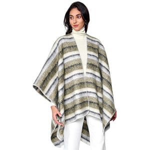 Olive Cozy Striped Three Tone Ruana Poncho, is made with a blend of soft, durable materials for maximum warmth and comfort. The unique three-tone striped pattern is both fashionable and eye-catching. A thoughtful gift for fashion-loving friends and family members, special ones, and colleagues this winter.