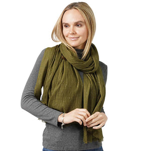 Olive Green Glittered Crinkle Scarf, this timeless glittered crinkle scarf is a soft, lightweight, and breathable fabric, close to the skin, and comfortable to wear. Sophisticated, flattering, and cozy. Look perfectly breezy and laid-back as you head to the beach. Perfect gift for birthdays, holidays, or fun nights out.
