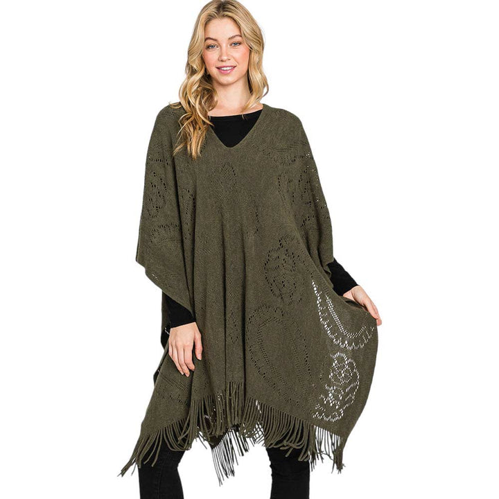 Olive Green Paisley Patterned Fringe Poncho, with the latest trend in ladies' outfit cover-up! the high-quality knit fringe tassel poncho is soft, comfortable, and warm but lightweight. It's perfect for your daily, casual, party, evening, vacation, and other special events outfits. A fantastic gift for your friends or family.