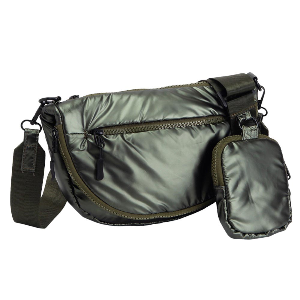 Olive Green Puffer Half Moon Crossbody Bag, the lightweight, stylish design features a durable water-resistant nylon that is perfect for outdoor activities. The adjustable shoulder strap makes it easy to sling across your body for hands-free convenience. Carry your essentials in style and comfort with this fashionable bag.
