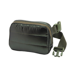 Olive Green Puffer Rectangle Sling Bag Fanny Bag Belt Bag, this stylish is bag made from durable material to ensure maximum protection and comfort. It features a fashionable design with adjustable straps, and secure buckle closure ensuring your valuables are safe and secure. The perfect accessory for any occasion, shopping, etc.