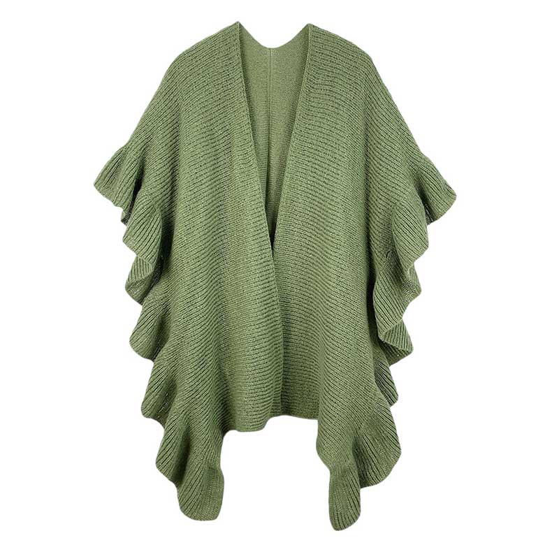 Olive Green This Reversible Ruffle Sleeves Knit Ruana Poncho adds the perfect touch of sophistication to your look. Crafted from 100% Polyester this poncho features reversible sleeves with a unique ruffle design.  Easy to wear and care for, it's a must-have for any wardrobe. Excellent choice as a gift item for your loved ones. 