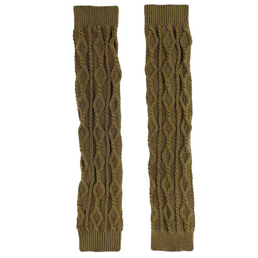 Olive Green Solid Cable Knit Leg Warmers, provide you with maximum warmth and comfort. Crafted with a soft and durable material, the warmers help keep you cozy on cold days. They feature a classic cable knit pattern and added ribbing at the ankles for a secure fit. Keep your legs comfortable and warm in these stylish leg warmers.