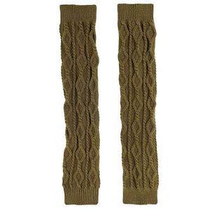 Olive Green Solid Cable Knit Leg Warmers, provide you with maximum warmth and comfort. Crafted with a soft and durable material, the warmers help keep you cozy on cold days. They feature a classic cable knit pattern and added ribbing at the ankles for a secure fit. Keep your legs comfortable and warm in these stylish leg warmers.
