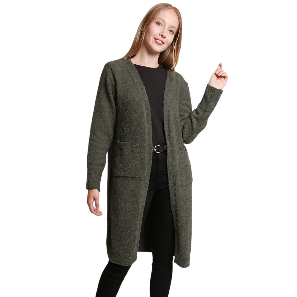 Olive Green Solid Front Pockets Long Cardigan, delicate, warm, on-trend & fabulous, a luxe addition to any cold-weather ensemble. Great for daily wear in the cold winter to protect you against the infinity-style amps up the glamour with a plush. Perfect Gift for wife, mom, birthday, holiday, etc.
