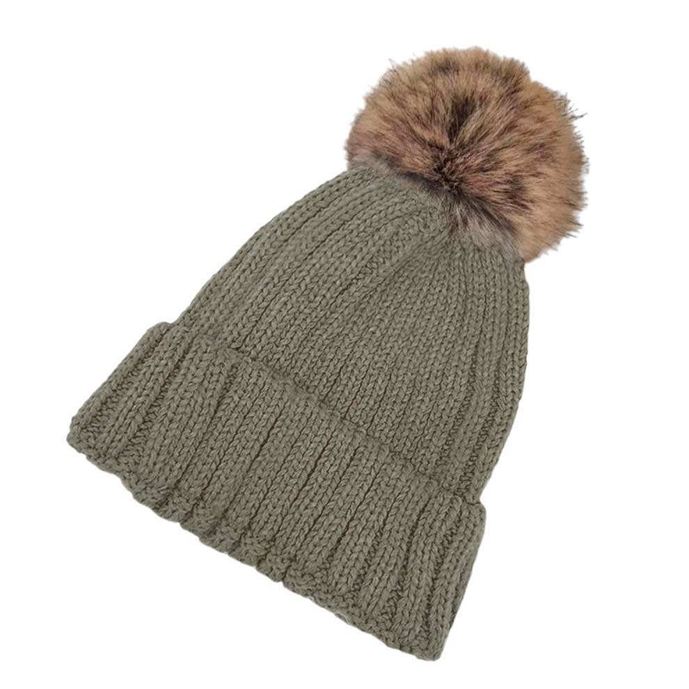 Olive Green Solid Knit Faux Fur Pom Pom Beanie Hat, stay warm during the chilly months with this cozy pom pom beanie hat. This is the perfect hat for any stylish outfit or winter dress. Perfect gift item for Birthdays, Christmas, Stocking stuffers, Secret Santa, holidays, anniversaries, Valentine's Day, etc.