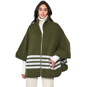 Olive Green Sporty Bordered Zip Up Knit Cape Poncho, Crafted with a cozy acrylic-blend fabric, it features a zip-up front and generous hood for extra protection against the cold. The bold, bordered design adds a classic touch, making it the perfect piece for outdoor activities. A Perfect winter gift for any occasion