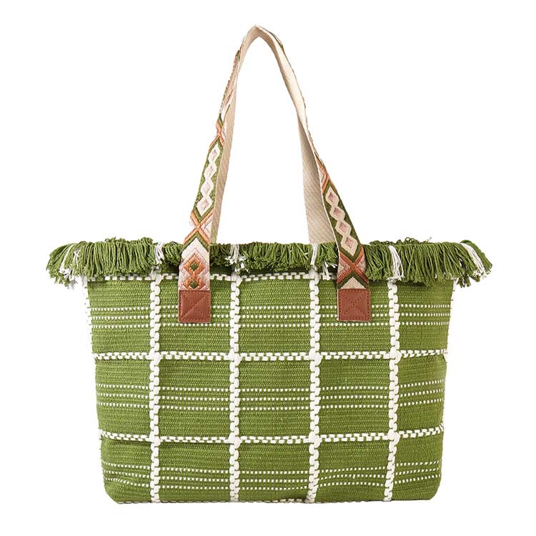 Olive Green Top Fringe Pointed Check Patterned Tote Bag, this tote bag is versatile enough for carrying through the week. Simple and leisurely, elegant and fashionable, suitable for women of all ages to carry around all day. Perfect for traveling, beach, shopping, camping, dating, and other outdoor activities in daily life.