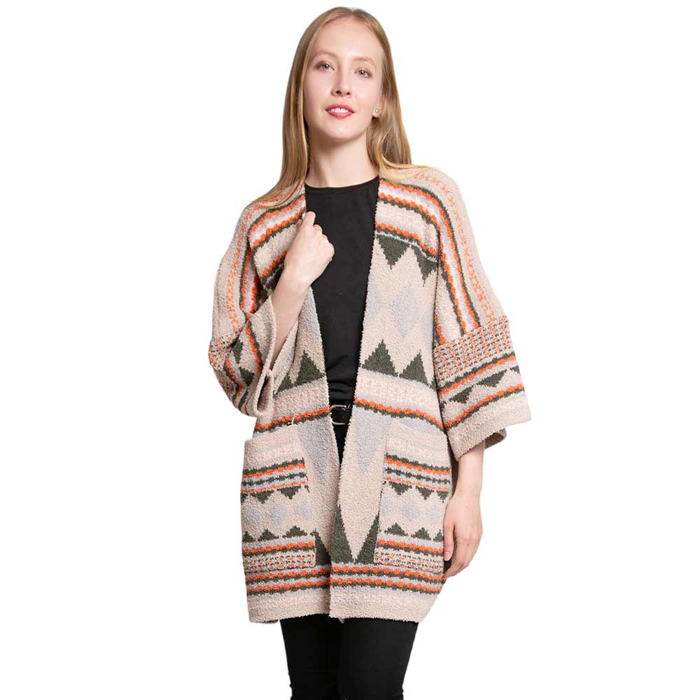 Olive Green Tribal Patterned Front Pockets Cardigan, on-trend & fabulous, and a luxe addition to any cold-weather ensemble. A beautiful choice for those who like extra layers without bulkiness. You can throw it on over so many pieces elevating any casual outfit! Perfect Gift for wife, mom, birthday, holiday, etc.