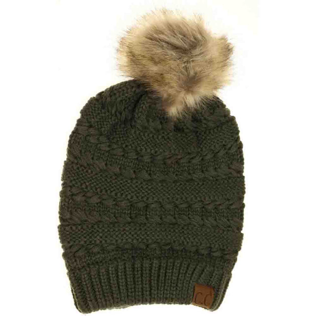 Olive Whipstitch Knit Faux Fur Pom Beanie combines sophisticated craftsmanship with practical warmth. Its detailed whipstitch knit construction ensures durability and a refined texture, while the plush faux fur pom adds a touch of stylish softness. This beanie offers excellent insulation, making it an ideal choice for cold-weather wear, as it effortlessly balances fashion and function. 