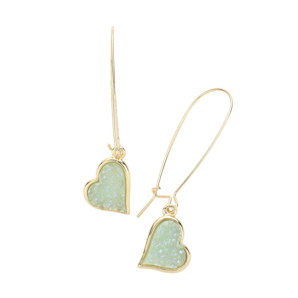 Opal Druzy Heart Dangle Earrings, Enhance your look with these stunning earrings. The unique druzy hearts add a touch of elegance and sparkle to any outfit. Crafted with high-quality materials, these earrings are perfect for any occasion. Elevate your style and make a statement with these must-have earrings.