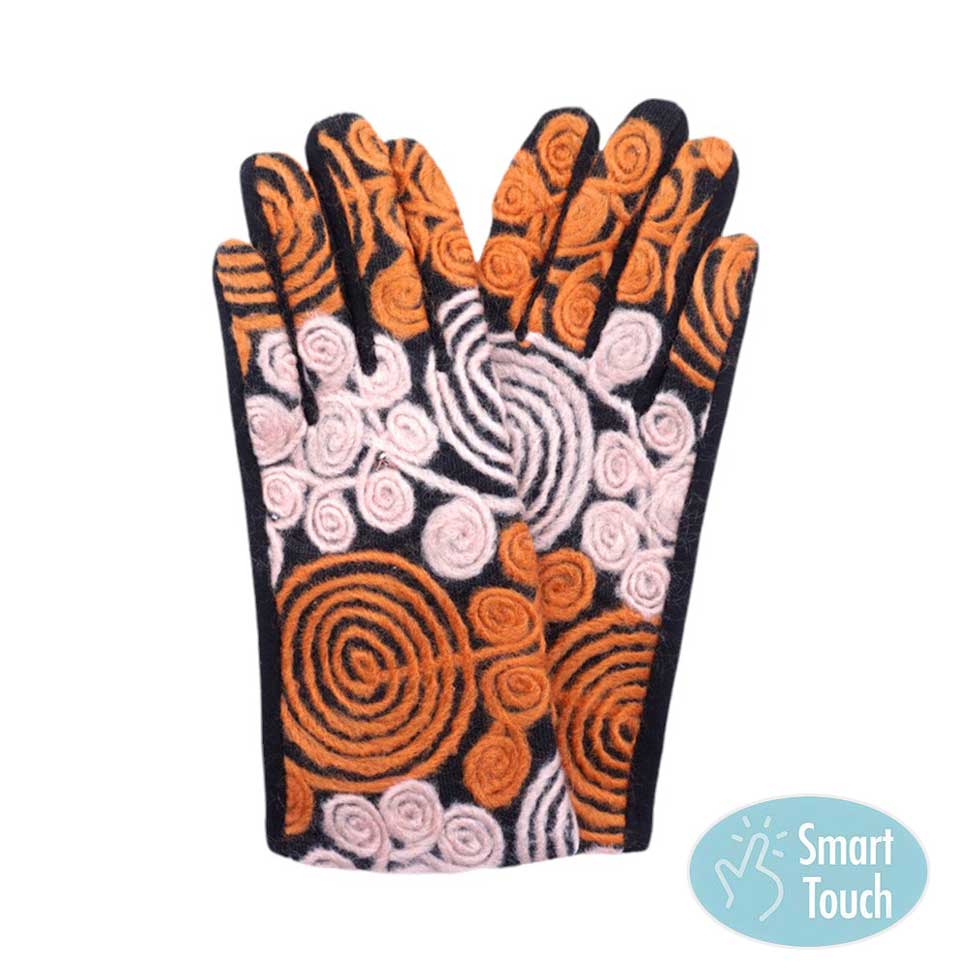 Orange Abstract Swirl Yarn Embroidered Smart Touch Gloves, Keep your hands warm and stylish! These gloves feature a unique abstract yarn design and smart touch technology, allowing you to use your phone, tab, or any touch-sensitive devices without taking off your gloves. Stay connected and cozy with these must-have gloves.