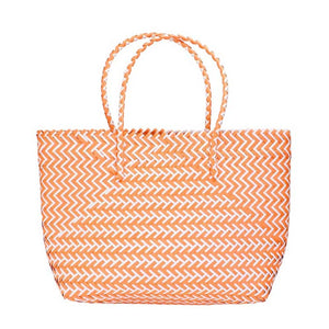 Orange Basket Woven Tote Bag Beach Bag is as functional as it is stylish. With a basket weave design, it's perfect for carrying all your beach essentials. The durable material ensures this bag will last for multiple seasons. Keep your belongings secure and in style with this tote bag.