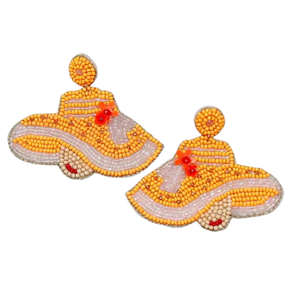 Orange Beautiful Derby Hat Seed Beaded Earrings, are beautifully designed on a hat theme to put on a pop of color and complete your ensemble. This is for those who love the hat very much. Perfect gift for Anniversaries, birthdays, Graduation, etc. Show off your trendy choice & perfect combination with these beautiful earrings