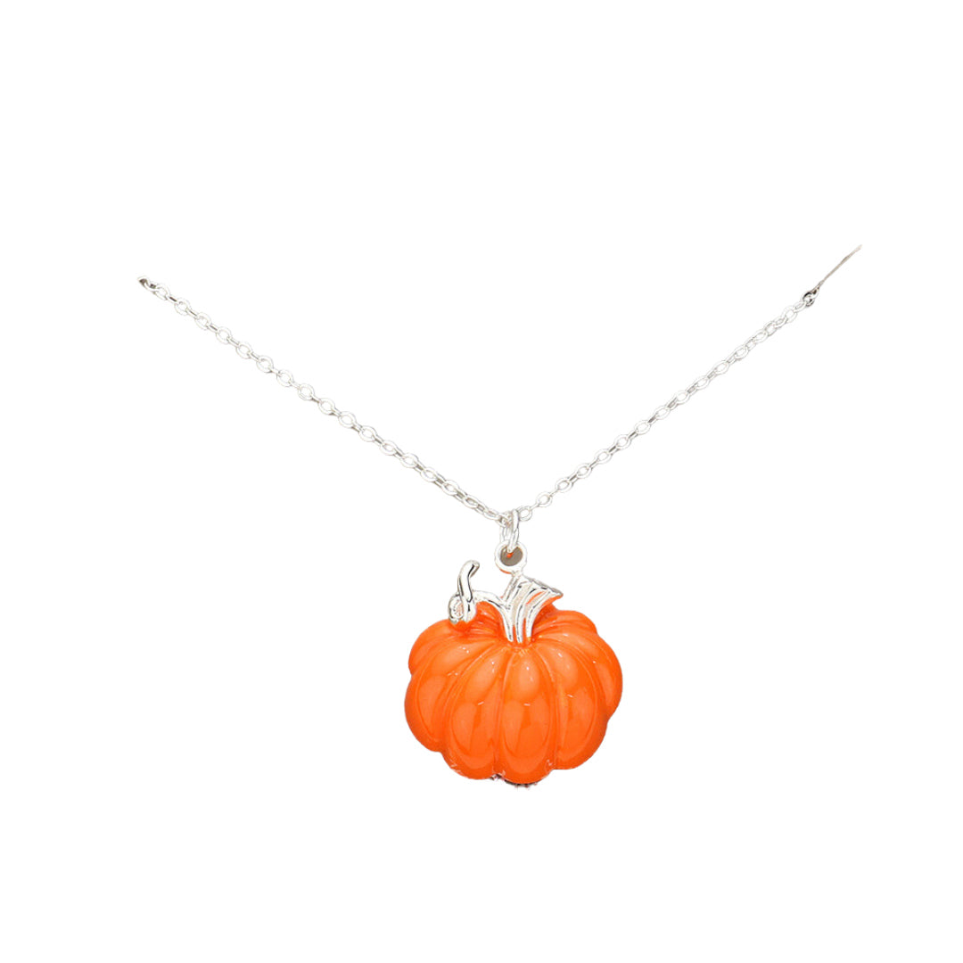 Orange Beautiful Silver Plated Pumpkin Pendant Necklace, a stunning piece of jewelry that captures the essence of the themes of Fruits/Food, Halloween, and Thanksgiving. This beautiful necklace especially matches your Halloween clothing. Perfect Birthday & Anniversary Gift, Mother's Day & Graduation Gift, Thankgiving Gift. 