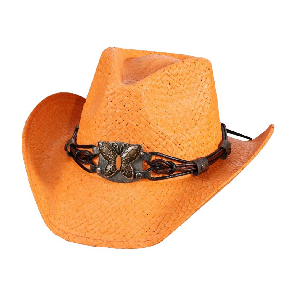 Orange Butterfly Accented Faux Leather Band Straw Cowboy Hat, This straw cowboy hat features a faux leather band adorned with beautiful butterfly accents. The combination of natural materials and elegant embellishments makes this hat a stylish and environmentally friendly accessory. Perfect gift idea for western lovers!