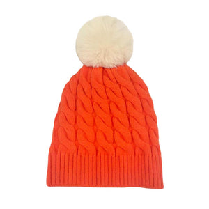 Orange Cable Knit Faux Fur Pom Pom Beanie Hat, is a great way to stay warm in cold weather. The faux fur adds an extra layer of insulation to keep you extra cozy, while the cable knit adds an elegant texture. The pom pom on top adds a touch of fashion for a stylish look. Perfect gift for the persons you care about the most.