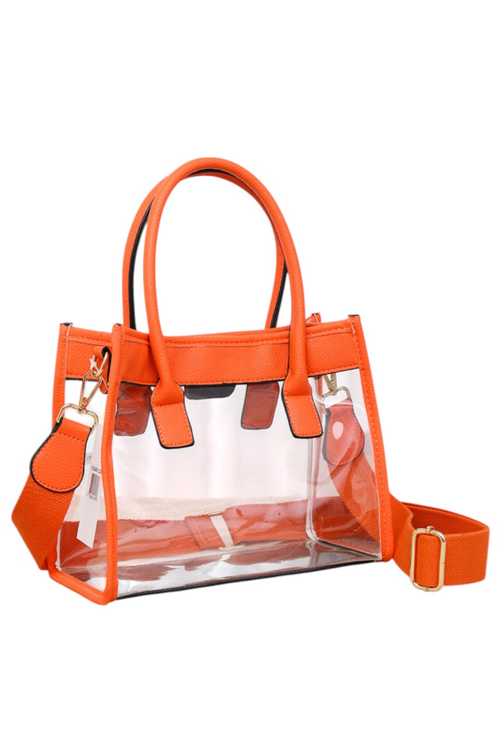 Color Trim Clear Hand Bag combines modern transparency with vibrant accents, offering a stylish yet practical accessory. Its clear design allows easy visibility of contents, while the colorful trim adds a fashionable touch. Lightweight and spacious, it’s ideal for daily use or events requiring quick access to essentials without sacrificing style. Durable materials ensure long-lasting wear, making it a smart choice for those who value both function and trend. 