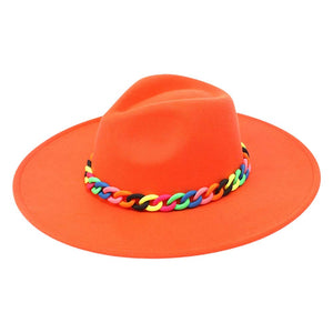 Orange Colorful Chain Accented Solid Panama Hat, a beautiful & comfortable Panama hat is suitable for summer wear to amp up your beauty & make you more comfortable everywhere. Perfect for keeping the sun off your face, neck, and shoulders. It's an excellent gift item for your friends & family or loved ones this summer.