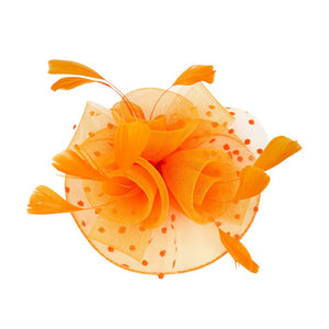 Orange Feather Mesh Flower Fascinator Headband, Accentuate your look with this. Crafted with mesh and feathers, this headband brings an elegant touch to any outfit. The unique flower shape gives it a timeless and classic look. Perfect for gifting, any occasion, or everyday wear.