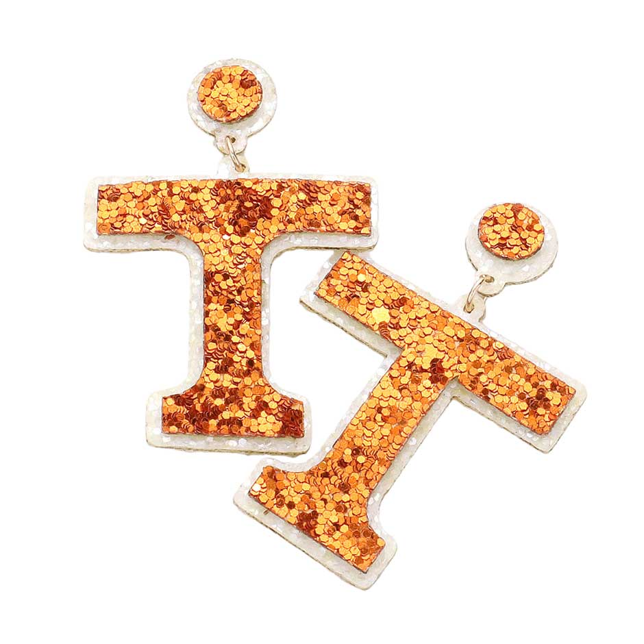 Orange Game Day Glittered T Monogram Dangle Earrings, put on a color to complete your ensemble with a sports theme. These fun and sporty earrings are perfect for the sports lover in your life. Beautifully crafted design adds a gorgeous glow to any outfit. Perfect gift for a game day, birthday, and also for any fan.