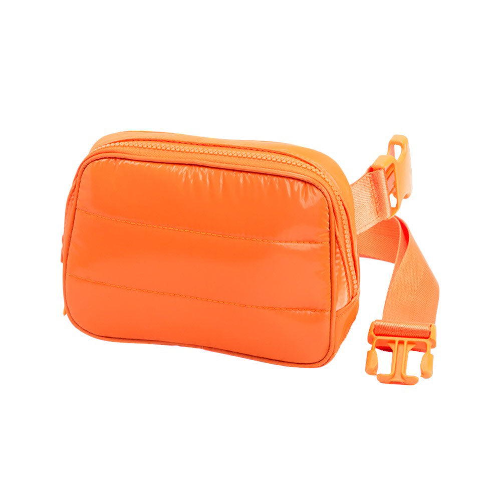 Orange Glossy Puffer Rectangle Sling Bag Fanny Bag Belt Bag, this stylish is bag made from durable material to ensure maximum protection and comfort. It features a fashionable design with adjustable straps, and secure buckle closure ensuring your valuables are safe and secure. The perfect for any occasion, shopping, etc.