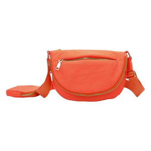 Orange Half Round Solid Nylon Crossbody Bag, is made of nylon, making it lightweight and durable. The adjustable shoulder strap ensures it will be comfortable to carry. The half-round shape adds a unique look to this bag, making it a great choice for any occasion. Perfect gift for fashion-forwarded family members and friends.