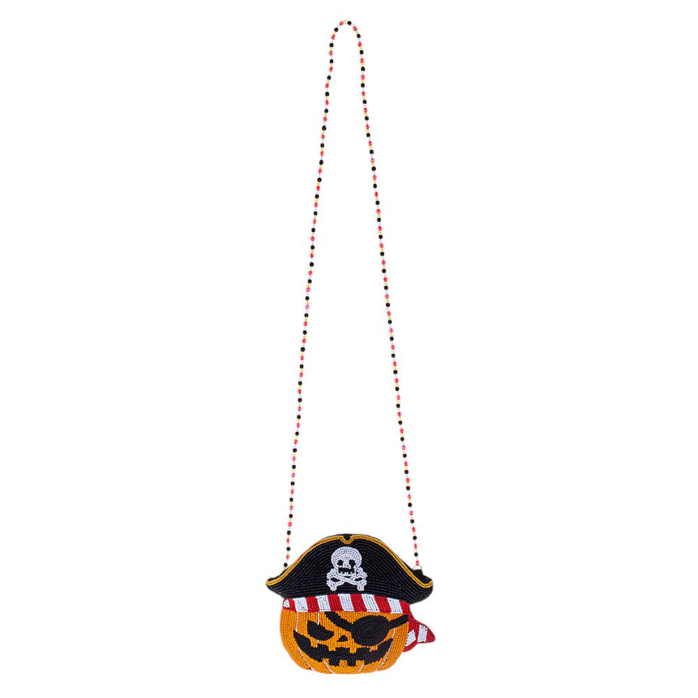 Halloween Pirate Pumpkin Beaded Mini Crossbody Bag, Ahoy, matey! Get ready to plunder some treats with this Halloween-themed crossbody bag. Its playful pirate pumpkin design and beaded embellishments will add some swashbuckling style to any costume. Arrgh you ready for Halloween?  