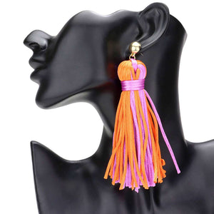 Orange Lavender Yarn Tassel Dangle Earrings, Experience bohemian chic with these. Crafted with soft yarn and adorned with delicate metal accents, these earrings add a touch of playful elegance to any outfit. Embrace your unique style and elevate your look with these stunning statement earrings.