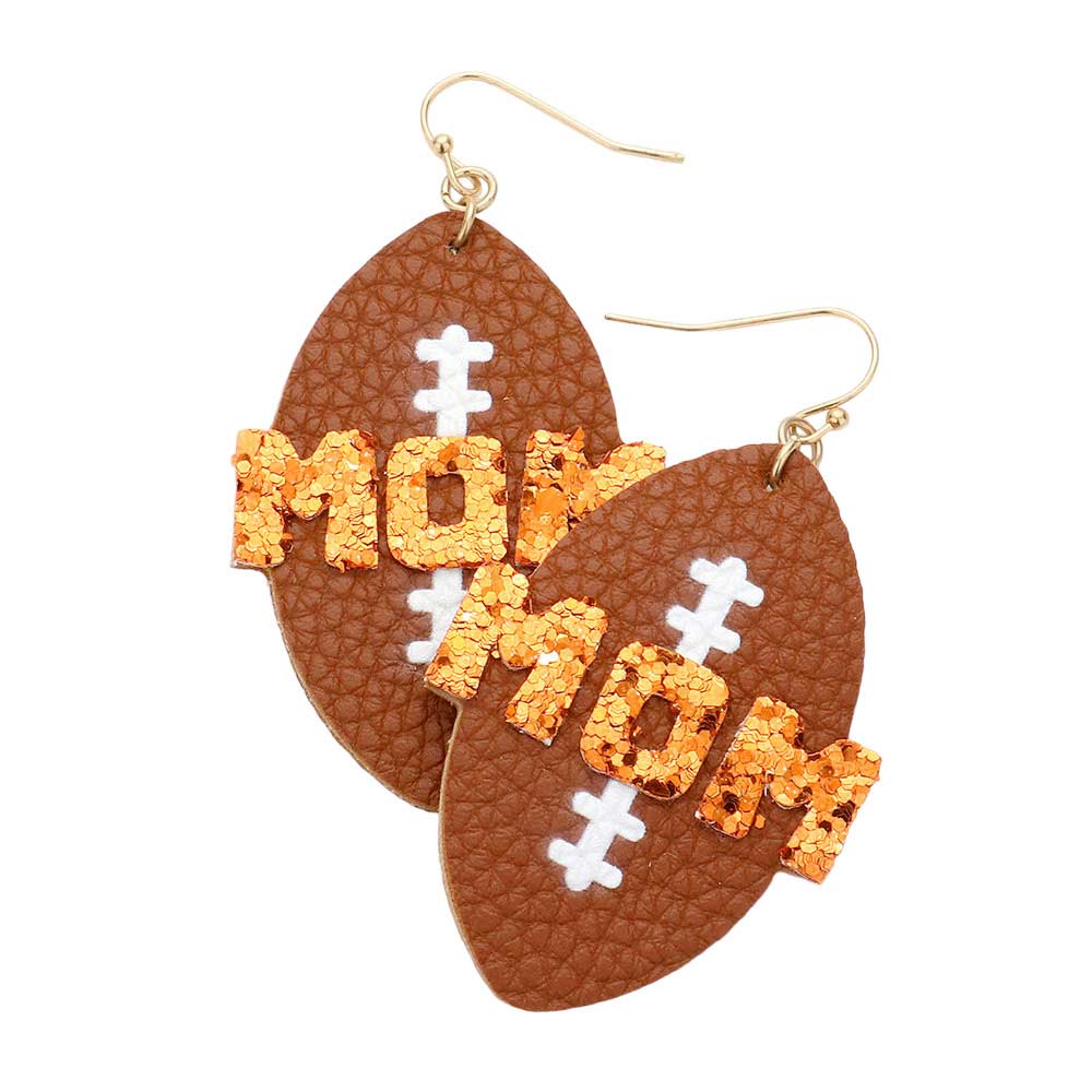 Orange Show off your love of football and your mother with the MOM Message Faux Leather Football Dangle Earrings. Crafted from faux leather, these dangle earrings feature a message of "MOM," perfect for honoring a special mother in your life. Whether you dress up or down, these earrings can complete any outfit. 