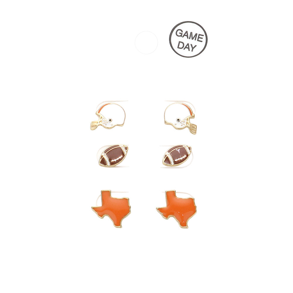 Purple White 3Pairs Game Day University of Texas Helmet Football State Map Stud Earrings. Styled in the shape of the iconic Texas state map, these earrings are the perfect way to show off your University pride. Ideal gift for sports lovers, batchmates, senior & junior supporters of the team, friends, and yourself. 