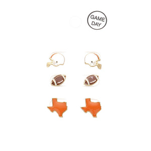 Orange Multi 3Pairs Game Day University of Texas Helmet Football State Map Stud Earrings. Styled in the shape of the iconic Texas state map, these earrings are the perfect way to show off your University pride. Ideal gift for sports lovers, batchmates, senior & junior supporters of the team, friends, and yourself. 