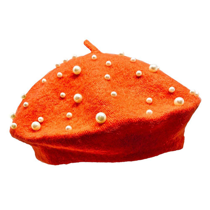 Orange-Pearl Embellished Tam Beret Hat, Featuring a classic beret design, this stylish hat is adorned with elegant pearls for a touch of sophistication.Adding a touch of glamour to any outfit, this hat is a must-have accessory for any fashion-forward individual.Upgrade your style today with our Pearl Embellished Tam Beret Hat