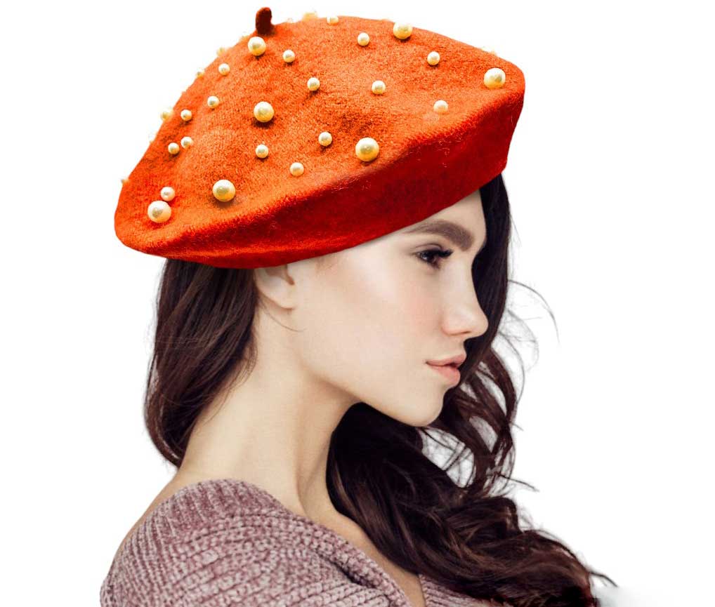 Orange-Pearl Embellished Tam Beret Hat, Featuring a classic beret design, this stylish hat is adorned with elegant pearls for a touch of sophistication.Adding a touch of glamour to any outfit, this hat is a must-have accessory for any fashion-forward individual.Upgrade your style today with our Pearl Embellished Tam Beret Hat