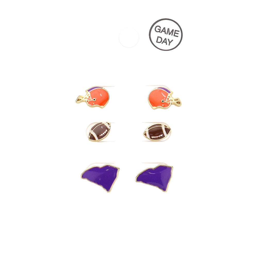 Orange Purple 3Pairs Game Day University of Clemson Helmet Football State Map Stud Earrings. Be a part of the team with these earrings. Ideal gift for sports lovers, batchmates, senior & junior supporters of the team, friends, and yourself. Appear in style with these earrings on the game arena. 