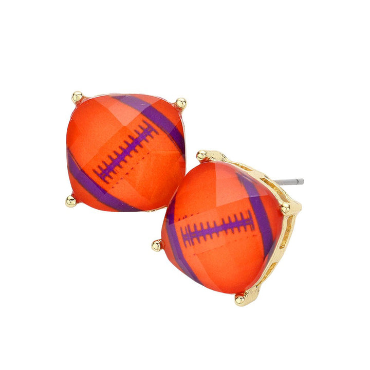 Orange Purple Score a touchdown with these quirky and playful Game Day Football Cushion Square Stud Earrings! Perfect for game days or any other occasion, these earrings feature a unique cushion square design that adds a fun and stylish touch to any outfit. Show off your love for the game in a fashionable and lighthearted way.