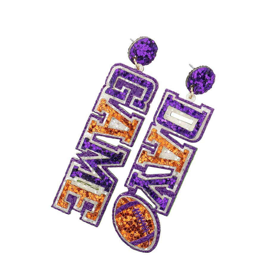 Orange Purple Game Day Message Football Bling Dangle Earrings, feature a sparkling crystal football and message charms with a metallic finish. Show your team spirit with these whimsical earrings. The perfect accessory for the biggest game days and the perfect gift for sports lovers. 