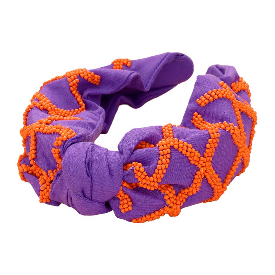 Orange Purple Game Day Seed Beaded Check Patterned Knot Burnout Headband, push back your hair with this pretty headband, and add a pop of color to any outfit! Gift your sports enthusiast with the one-of-a-kind Game Day Seed Beaded Check Patterned Knot Burnout Headband. This is the perfect gift for the people who love sports most.